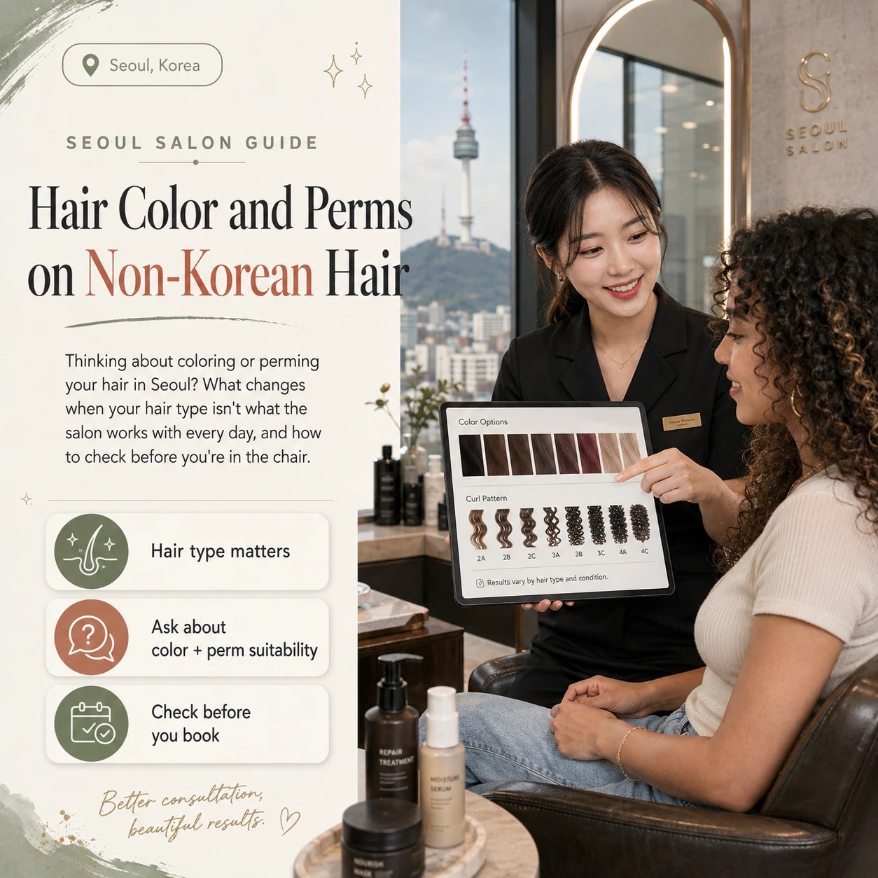A stylist checking a strand of a client's hair under salon lighting