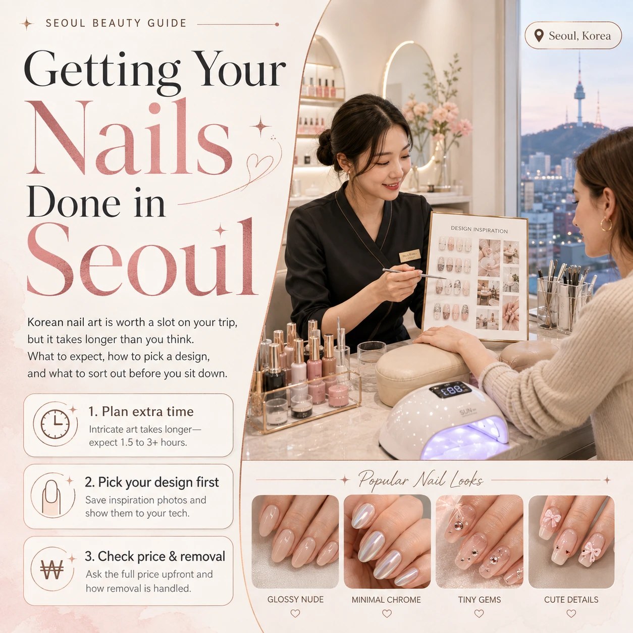 Close-up of detailed Korean nail art being applied at a salon