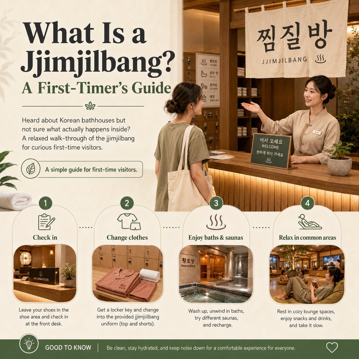 Infographic guide to a first jjimjilbang visit — check in at the front desk, change into the provided lounge clothes, enjoy the baths and saunas, then relax in the common lounge